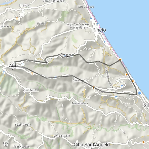 Map miniature of "Atri Coastal Ride" cycling inspiration in Abruzzo, Italy. Generated by Tarmacs.app cycling route planner