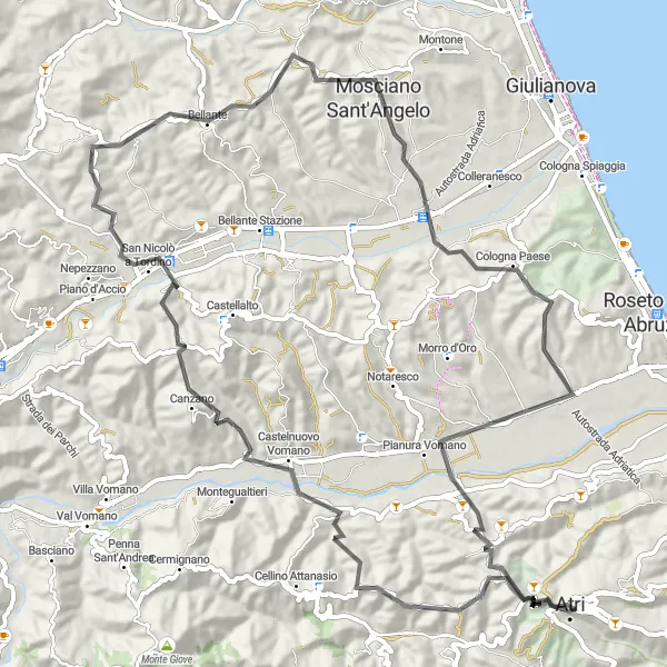 Miniatura della mappa di ispirazione al ciclismo "Giro panoramico da Atri a San Nicolò a Tordino" nella regione di Abruzzo, Italy. Generata da Tarmacs.app, pianificatore di rotte ciclistiche