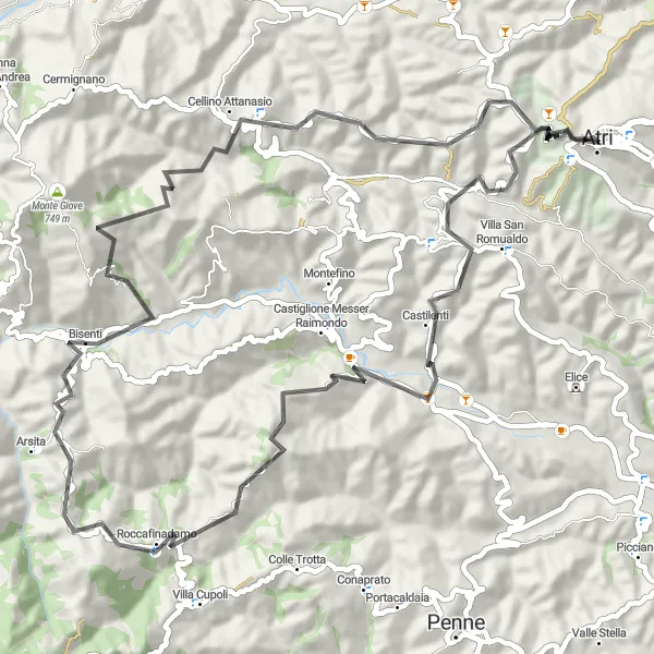 Map miniature of "Summit Challenge: Atri to Cellino Attanasio" cycling inspiration in Abruzzo, Italy. Generated by Tarmacs.app cycling route planner