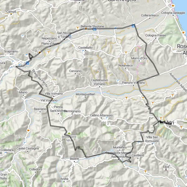 Map miniature of "Mountain Challenge: Atri to Teramo" cycling inspiration in Abruzzo, Italy. Generated by Tarmacs.app cycling route planner