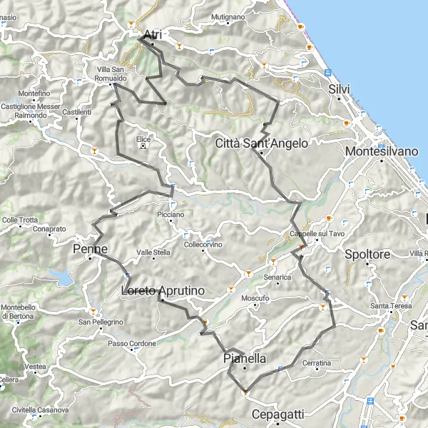 Miniatura della mappa di ispirazione al ciclismo "Itinerario panoramico" nella regione di Abruzzo, Italy. Generata da Tarmacs.app, pianificatore di rotte ciclistiche