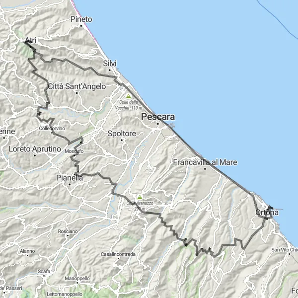 Map miniature of "The Challenge of Colle D'Odio and Montesilvano" cycling inspiration in Abruzzo, Italy. Generated by Tarmacs.app cycling route planner