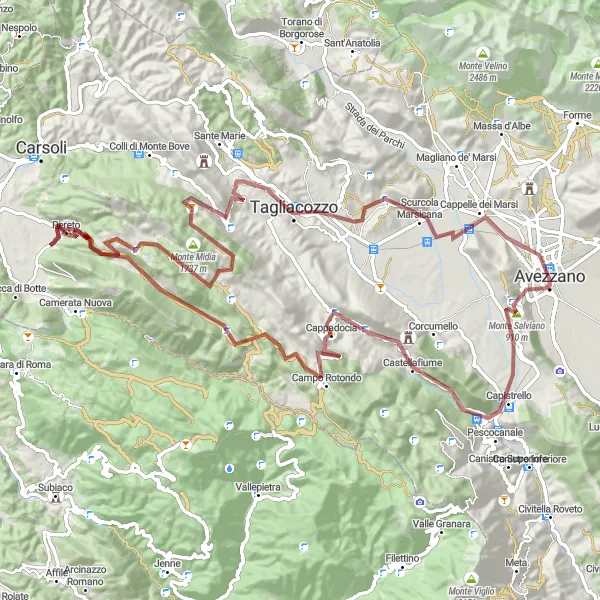 Miniatuurkaart van de fietsinspiratie "Gravelroute rond Avezzano" in Abruzzo, Italy. Gemaakt door de Tarmacs.app fietsrouteplanner