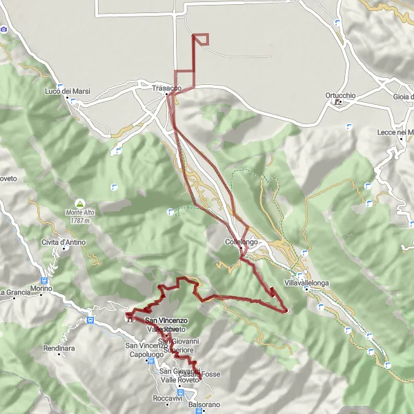 Miniature de la carte de l'inspiration cycliste "Boucle de San Vincenzo Valle Roveto" dans la Abruzzo, Italy. Générée par le planificateur d'itinéraire cycliste Tarmacs.app
