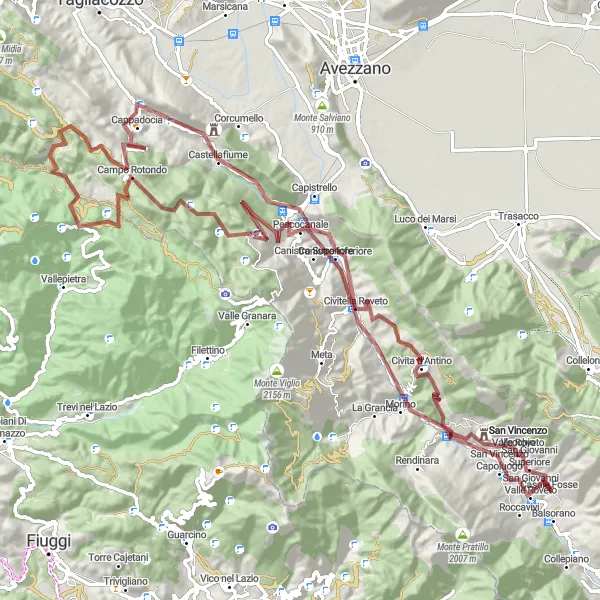 Map miniature of "Balsorano to Balsorano - Gravel Cycling Route" cycling inspiration in Abruzzo, Italy. Generated by Tarmacs.app cycling route planner