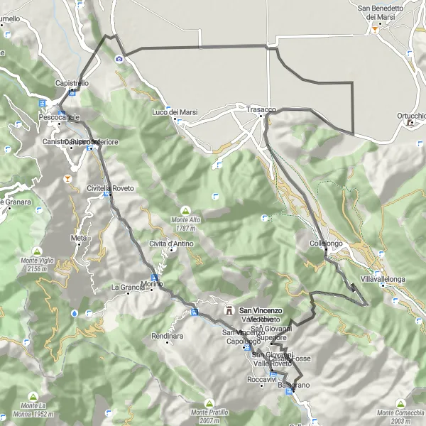 Miniature de la carte de l'inspiration cycliste "Itinéraire Capistrello - Balsorano" dans la Abruzzo, Italy. Générée par le planificateur d'itinéraire cycliste Tarmacs.app