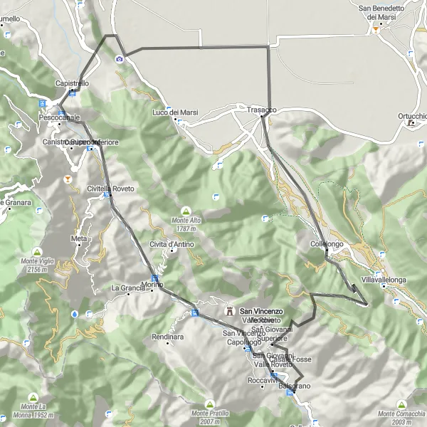 Map miniature of "Balsorano to Morino and Back" cycling inspiration in Abruzzo, Italy. Generated by Tarmacs.app cycling route planner