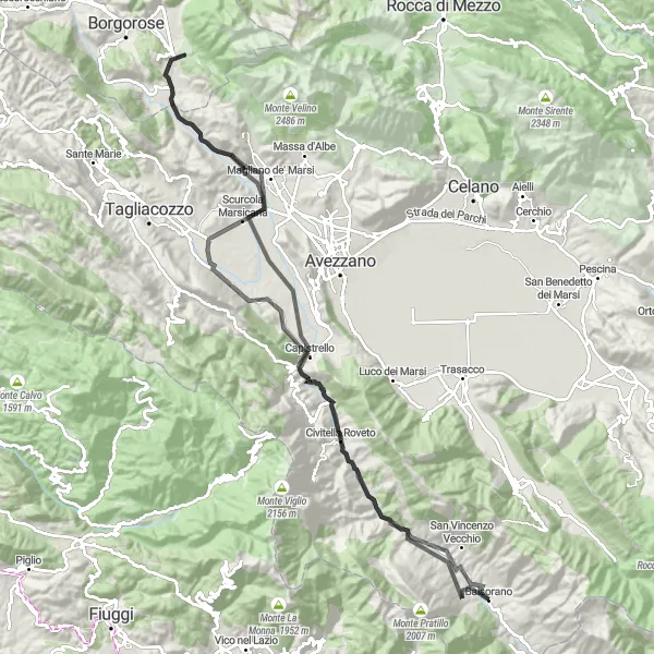 Map miniature of "Balsorano to Colle Pratella and Back" cycling inspiration in Abruzzo, Italy. Generated by Tarmacs.app cycling route planner