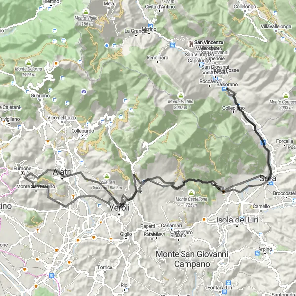 Map miniature of "Balsorano to Balsorano - Road Cycling Route" cycling inspiration in Abruzzo, Italy. Generated by Tarmacs.app cycling route planner