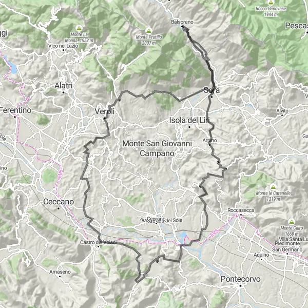 Map miniature of "Balsorano to Sora and Back" cycling inspiration in Abruzzo, Italy. Generated by Tarmacs.app cycling route planner