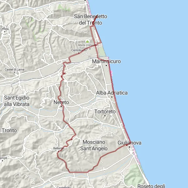 Map miniature of "The Gravel Adventure" cycling inspiration in Abruzzo, Italy. Generated by Tarmacs.app cycling route planner