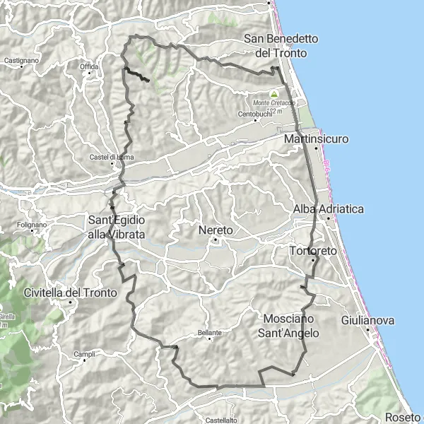 Miniatura della mappa di ispirazione al ciclismo "Dal mare alla montagna: un viaggio ciclistico attraverso l'Abruzzo" nella regione di Abruzzo, Italy. Generata da Tarmacs.app, pianificatore di rotte ciclistiche