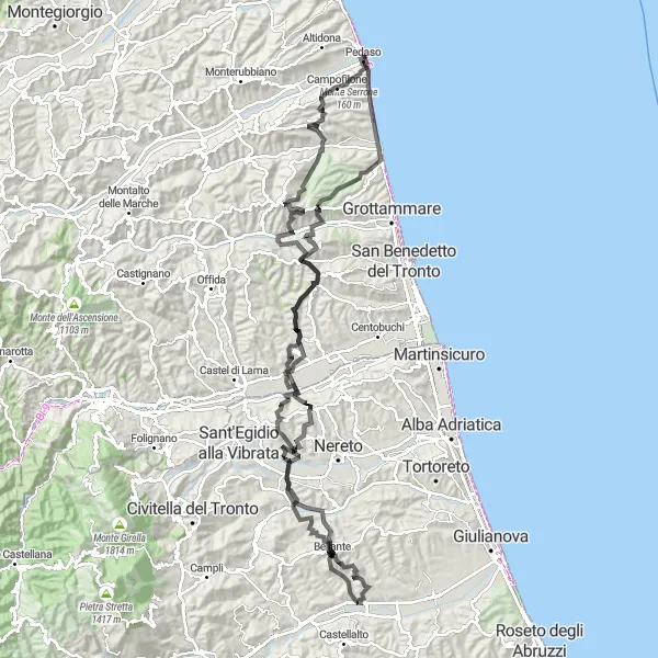 Miniatura della mappa di ispirazione al ciclismo "Avventura tra Colline e Mare" nella regione di Abruzzo, Italy. Generata da Tarmacs.app, pianificatore di rotte ciclistiche