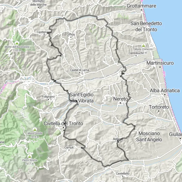 Map miniature of "The Atri and Porto d'Ascoli Loop" cycling inspiration in Abruzzo, Italy. Generated by Tarmacs.app cycling route planner