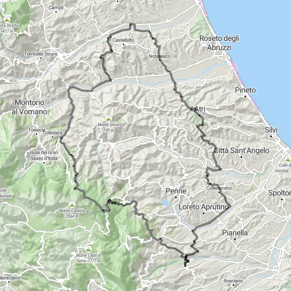 Miniature de la carte de l'inspiration cycliste "Aventure à travers les Collines et Vallées d'Abruzzo" dans la Abruzzo, Italy. Générée par le planificateur d'itinéraire cycliste Tarmacs.app