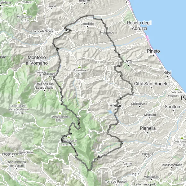 Miniatura della mappa di ispirazione al ciclismo "Giro panoramico attraverso le colline di Abruzzo" nella regione di Abruzzo, Italy. Generata da Tarmacs.app, pianificatore di rotte ciclistiche