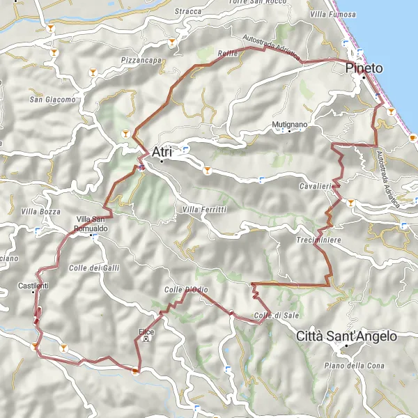 Map miniature of "Gravel route with medieval highlights" cycling inspiration in Abruzzo, Italy. Generated by Tarmacs.app cycling route planner