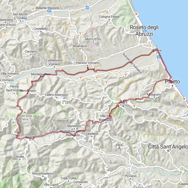 Map miniature of "Pineto to Scerne" cycling inspiration in Abruzzo, Italy. Generated by Tarmacs.app cycling route planner