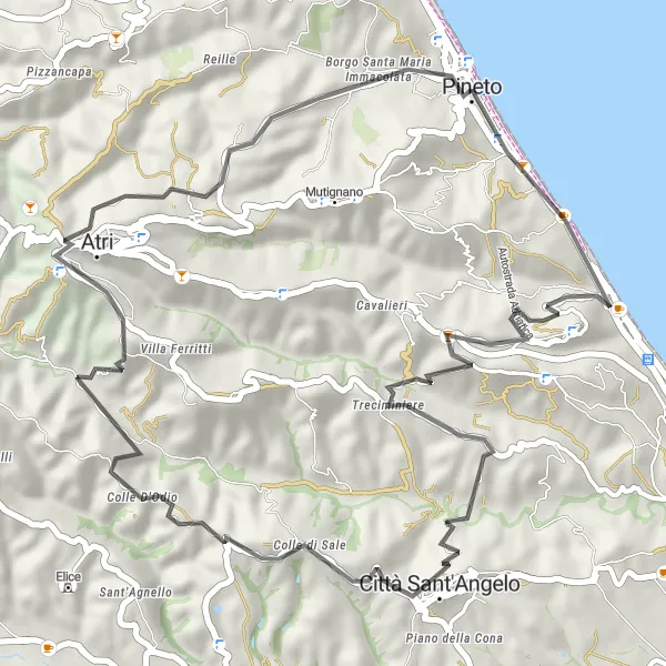 Map miniature of "Hills and Historic Towns" cycling inspiration in Abruzzo, Italy. Generated by Tarmacs.app cycling route planner