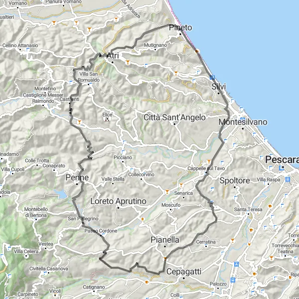 Map miniature of "Road route with beautiful coastal views" cycling inspiration in Abruzzo, Italy. Generated by Tarmacs.app cycling route planner