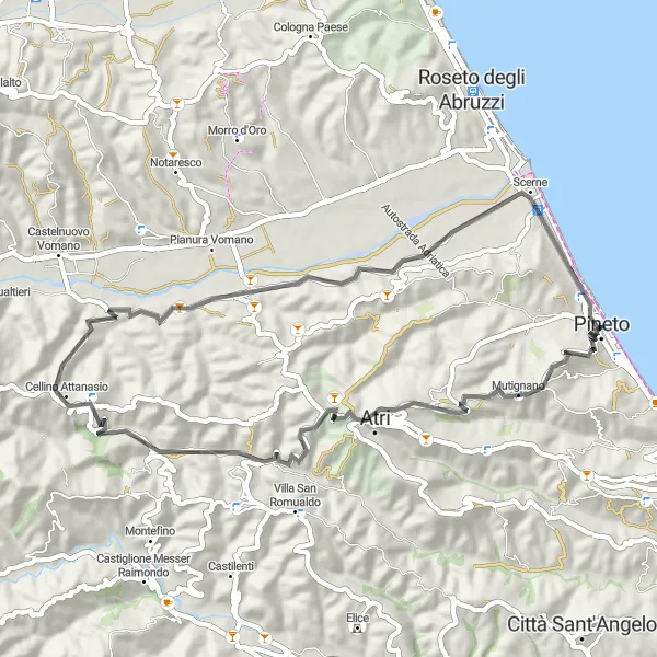 Map miniature of "Pineto to Villa Ardente" cycling inspiration in Abruzzo, Italy. Generated by Tarmacs.app cycling route planner