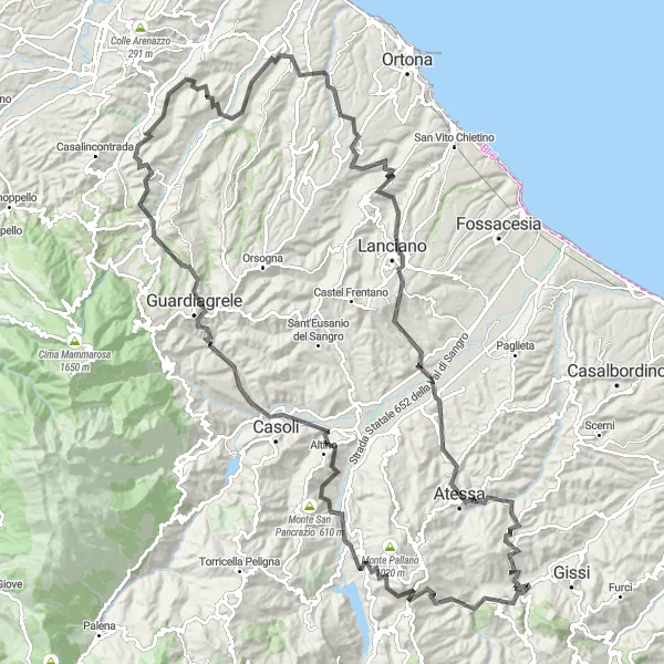 Miniatura della mappa di ispirazione al ciclismo "Gran tour ciclistico dell'Abruzzo" nella regione di Abruzzo, Italy. Generata da Tarmacs.app, pianificatore di rotte ciclistiche