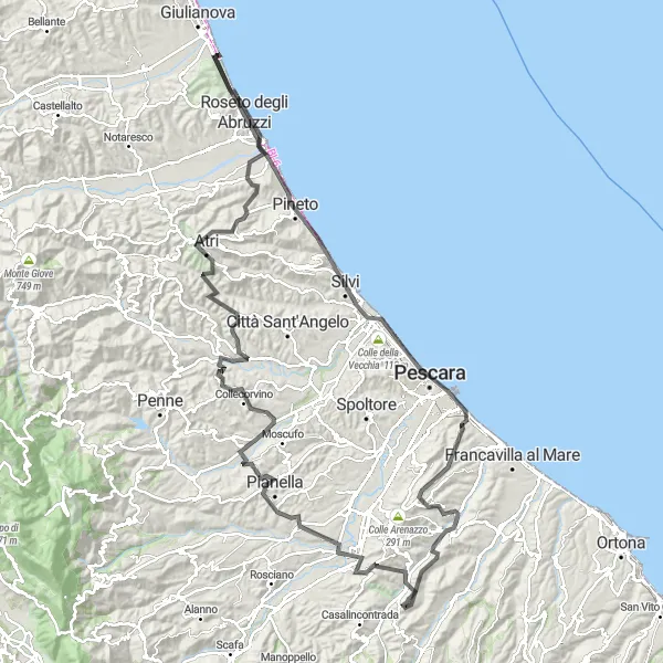 Miniatura della mappa di ispirazione al ciclismo "Da Bucchianico a Ripa Teatina via Atri e Pescara" nella regione di Abruzzo, Italy. Generata da Tarmacs.app, pianificatore di rotte ciclistiche