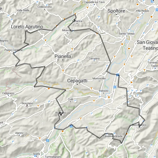 Miniature de la carte de l'inspiration cycliste "Boucle pittoresque vers Moscufo" dans la Abruzzo, Italy. Générée par le planificateur d'itinéraire cycliste Tarmacs.app