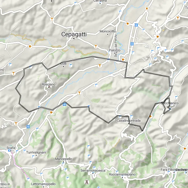 Miniatura della mappa di ispirazione al ciclismo "Giro delle colline di Bucchianico" nella regione di Abruzzo, Italy. Generata da Tarmacs.app, pianificatore di rotte ciclistiche