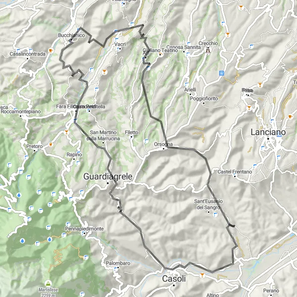 Miniature de la carte de l'inspiration cycliste "Exploration des villages médiévaux de l'Abruzzo en vélo de route" dans la Abruzzo, Italy. Générée par le planificateur d'itinéraire cycliste Tarmacs.app
