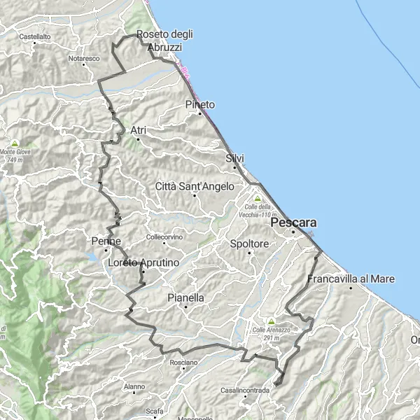 Miniature de la carte de l'inspiration cycliste "Expédition entre montagnes et côtes de l'Abruzzo en vélo de route" dans la Abruzzo, Italy. Générée par le planificateur d'itinéraire cycliste Tarmacs.app