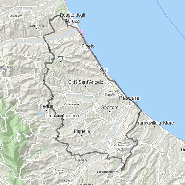 Miniatura della mappa di ispirazione al ciclismo "Tour panoramico da Bucchianico a Ripa Teatina via Penne e Pescara" nella regione di Abruzzo, Italy. Generata da Tarmacs.app, pianificatore di rotte ciclistiche