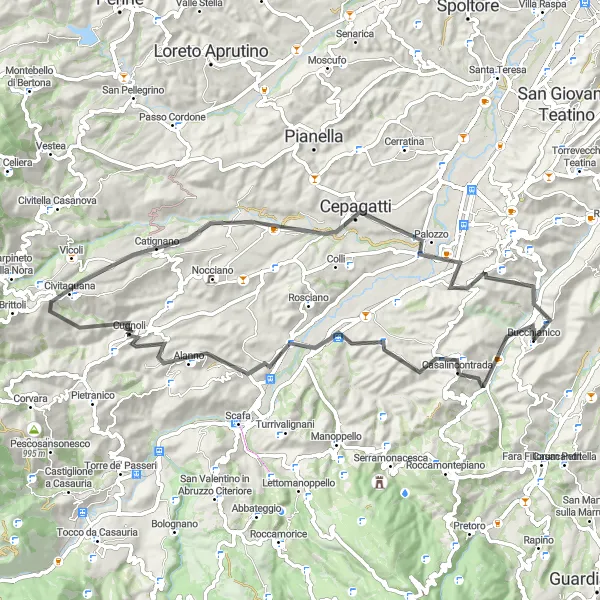 Miniatura della mappa di ispirazione al ciclismo "Giro di 73 km da Bucchianico" nella regione di Abruzzo, Italy. Generata da Tarmacs.app, pianificatore di rotte ciclistiche