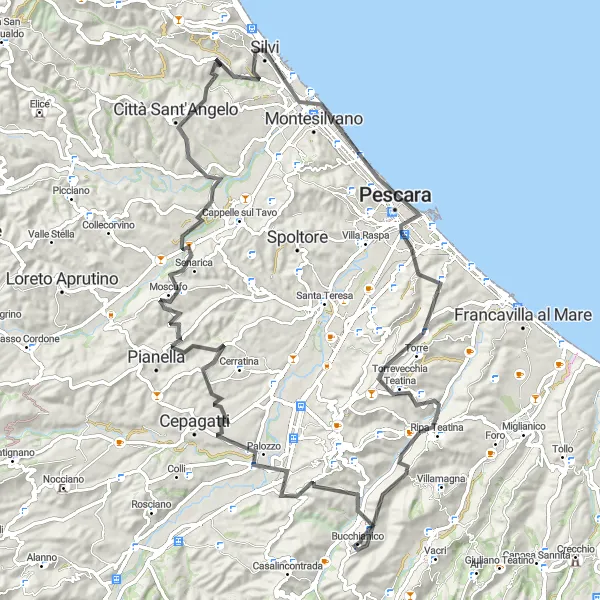 Miniatura della mappa di ispirazione al ciclismo "Avventura tra le colline: da Bucchianico a Ripa Teatina via Moscufo e Pescara" nella regione di Abruzzo, Italy. Generata da Tarmacs.app, pianificatore di rotte ciclistiche