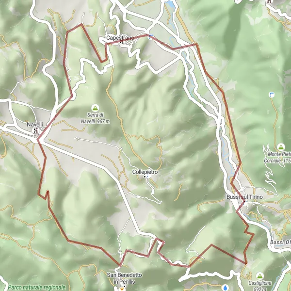 Miniature de la carte de l'inspiration cycliste "Échappée patrimoniale dans les Abruzzes" dans la Abruzzo, Italy. Générée par le planificateur d'itinéraire cycliste Tarmacs.app