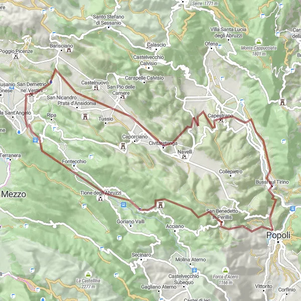 Map miniature of "Gravel Cycling Route: Bussi sul Tirino to Monte Croce" cycling inspiration in Abruzzo, Italy. Generated by Tarmacs.app cycling route planner