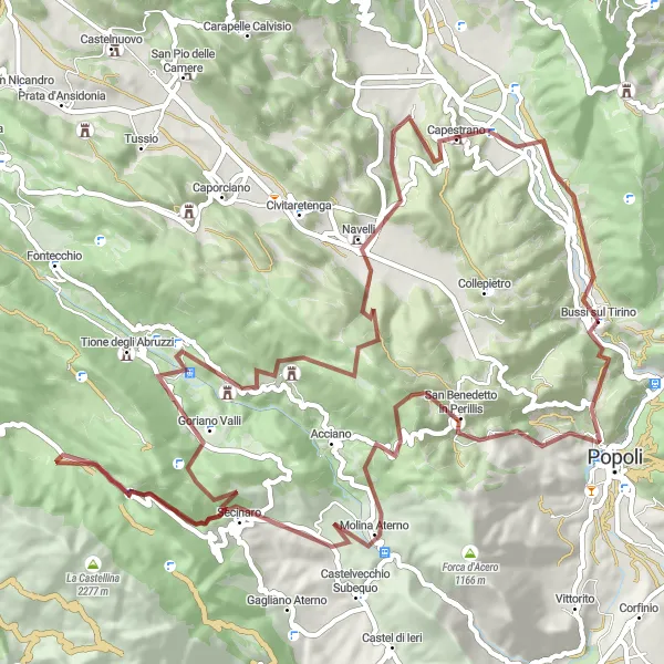 Map miniature of "Gravel Cycling Route: Bussi sul Tirino to Capestrano" cycling inspiration in Abruzzo, Italy. Generated by Tarmacs.app cycling route planner