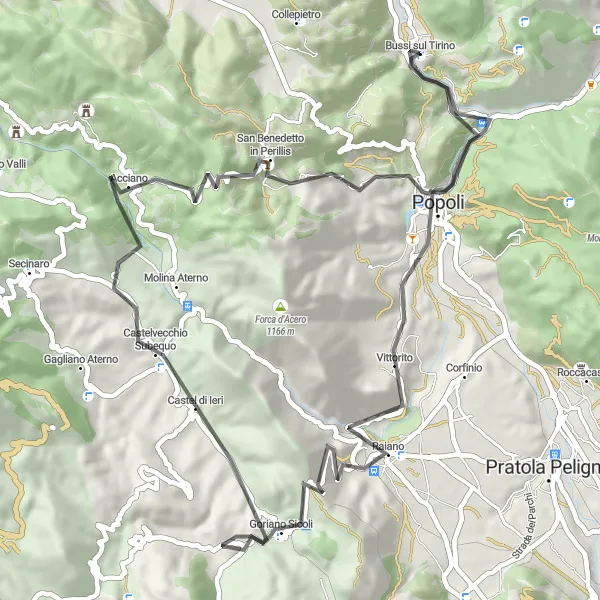 Map miniature of "Road Cycling Route: Bussi sul Tirino to Monte Croce" cycling inspiration in Abruzzo, Italy. Generated by Tarmacs.app cycling route planner