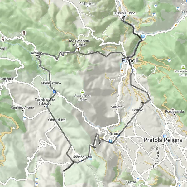 Map miniature of "Road Cycling Route: Bussi sul Tirino to Palazzo Muzj" cycling inspiration in Abruzzo, Italy. Generated by Tarmacs.app cycling route planner