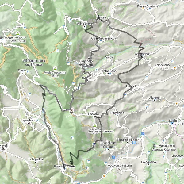 Miniatura della mappa di ispirazione al ciclismo "Giro in bicicletta verso Torre di Forca di Penne" nella regione di Abruzzo, Italy. Generata da Tarmacs.app, pianificatore di rotte ciclistiche