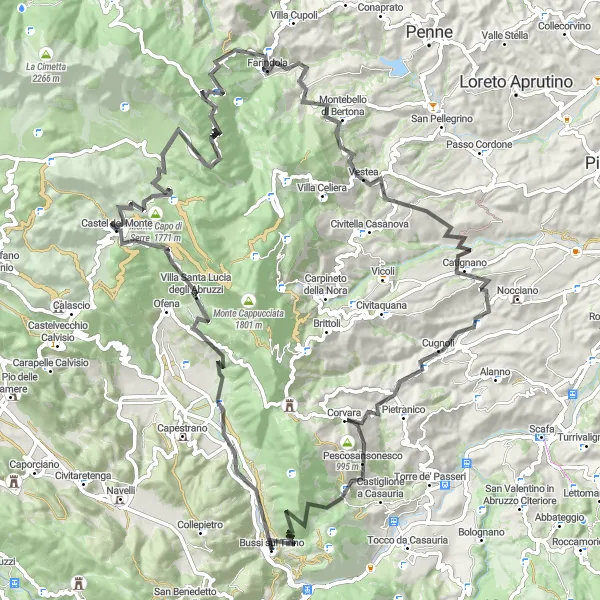 Map miniature of "Bussi sul Tirino Loop" cycling inspiration in Abruzzo, Italy. Generated by Tarmacs.app cycling route planner