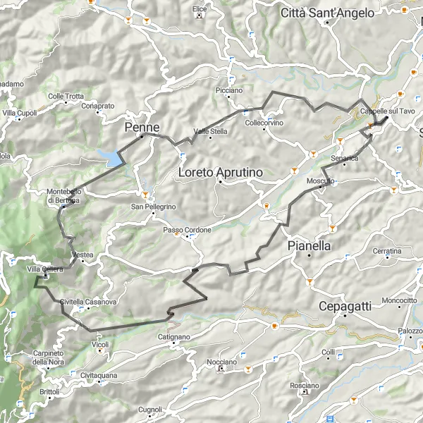 Miniatura della mappa di ispirazione al ciclismo "Giro in bicicletta Cappelle sul Tavo - Penne" nella regione di Abruzzo, Italy. Generata da Tarmacs.app, pianificatore di rotte ciclistiche