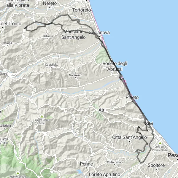 Miniatura della mappa di ispirazione al ciclismo "Giro in bicicletta Cappelle sul Tavo - Belvedere" nella regione di Abruzzo, Italy. Generata da Tarmacs.app, pianificatore di rotte ciclistiche