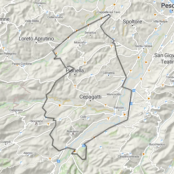 Miniature de la carte de l'inspiration cycliste "Les collines de Cappelle sul Tavo" dans la Abruzzo, Italy. Générée par le planificateur d'itinéraire cycliste Tarmacs.app