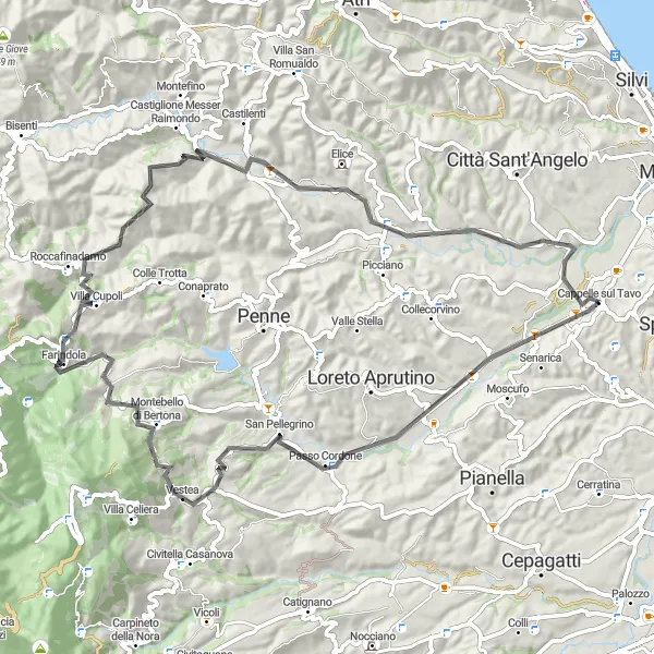Miniature de la carte de l'inspiration cycliste "La boucle de Farindola" dans la Abruzzo, Italy. Générée par le planificateur d'itinéraire cycliste Tarmacs.app