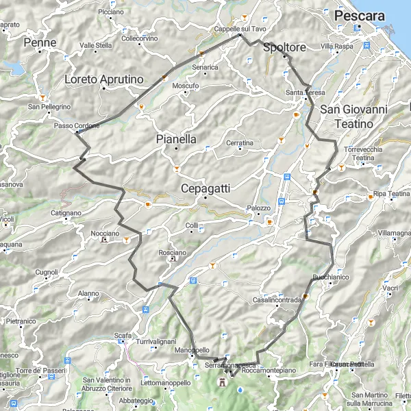 Miniatura della mappa di ispirazione al ciclismo "Giro delle Colline Pescarese" nella regione di Abruzzo, Italy. Generata da Tarmacs.app, pianificatore di rotte ciclistiche