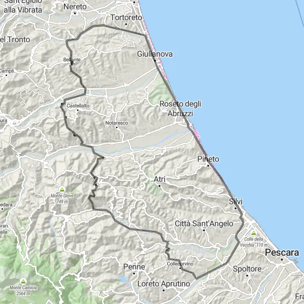 Miniatura della mappa di ispirazione al ciclismo "Tour in bicicletta alla scoperta di Giulianova e Pineto" nella regione di Abruzzo, Italy. Generata da Tarmacs.app, pianificatore di rotte ciclistiche