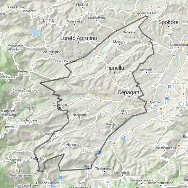 Map miniature of "The Majestic Mountains" cycling inspiration in Abruzzo, Italy. Generated by Tarmacs.app cycling route planner