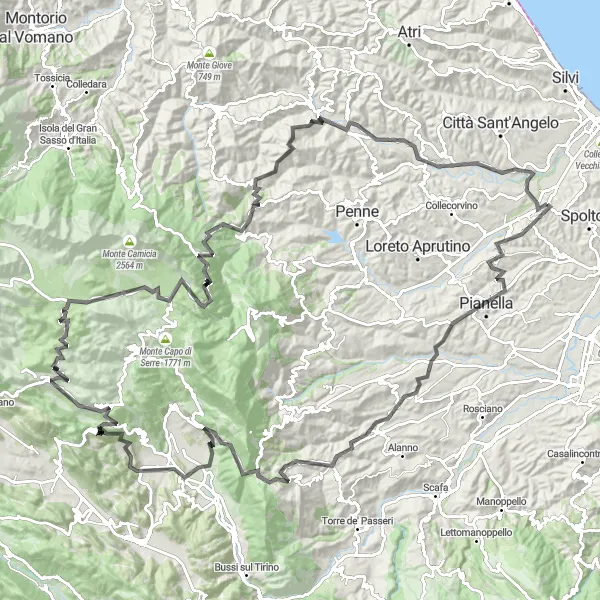 Map miniature of "The Mountainous Adventure" cycling inspiration in Abruzzo, Italy. Generated by Tarmacs.app cycling route planner
