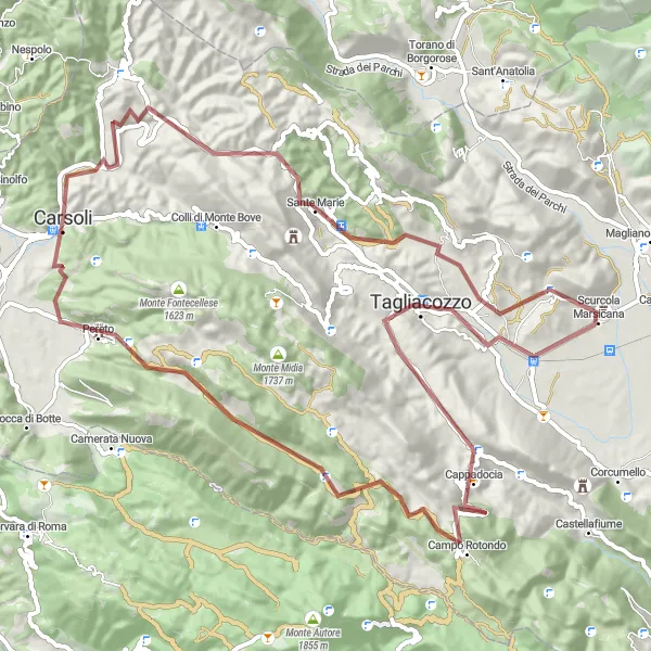 Karten-Miniaturansicht der Radinspiration "Abenteuerliche Schotterwege und Bergpässe" in Abruzzo, Italy. Erstellt vom Tarmacs.app-Routenplaner für Radtouren